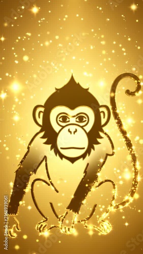 Vertical video of golden glowing Chinese zodiac monkey with sparkles
