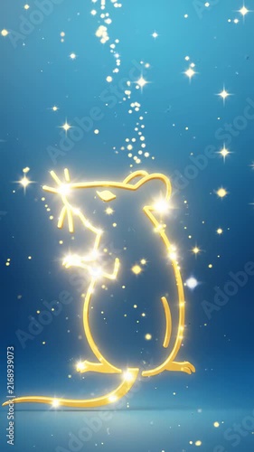 Vertical video of golden glowing Chinese zodiac rat with sparkles
