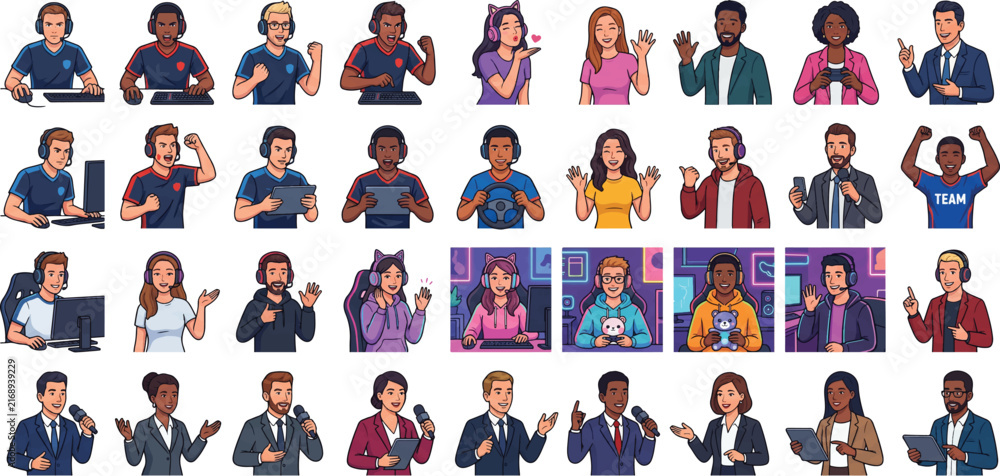 Fototapeta premium Pro Gamer, Live Streamer, and Esports Caster Vector Avatar Collection