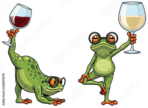 Cartoon frog wearing glasses holding glass with red and white wine on transparent background. Funny amphibian animal characters toast with alcohol beverage. Comic illustration set.