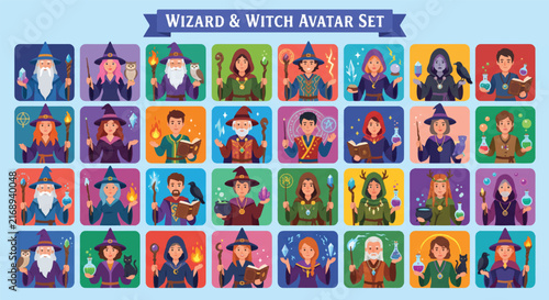 Fotografie Fantasy RPG Character Avatar Collection, Mage, Sorcerer, and Witch Vector Icons