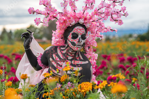 Three Quarter Catrina Portrait Among Marigolds