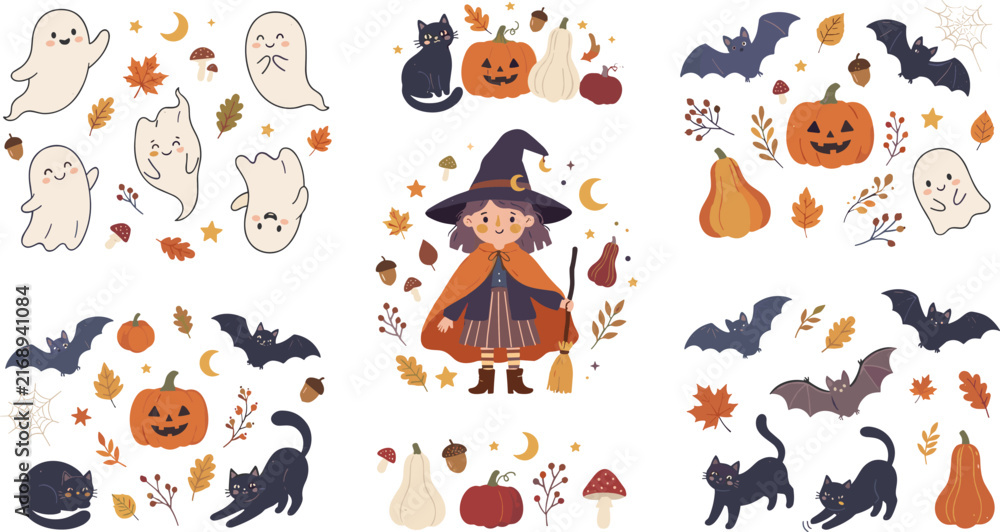 Fototapeta premium Cute Halloween Element Set with Little Witch Spooky Ghosts Black Cats Jack O Lantern Pumpkins Bats and Autumn Leaves for Holiday Graphic Designs
