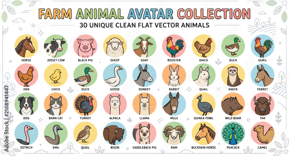 Naklejka premium Flat Design Farm Animals, Livestock, and Poultry Avatar Vector Set