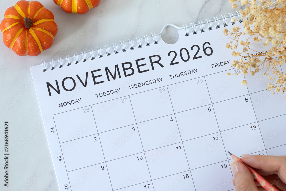 Obraz premium November 2026 calendar month with pumpkin decoration. Top view.