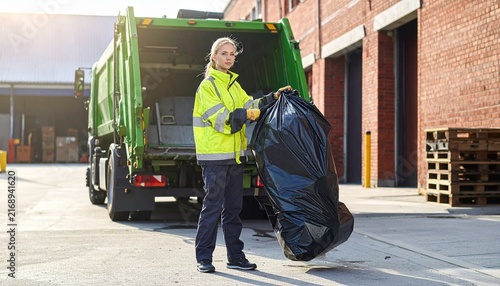 Sanitation Worker Loading Black Garbage Bag into Green Garbage Truck in Urban Industrial Area