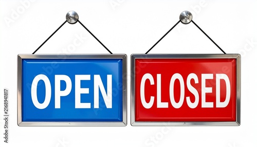 Blue OPEN and Red CLOSED Hanging Metal Signs Side by Side Isolated on White Background