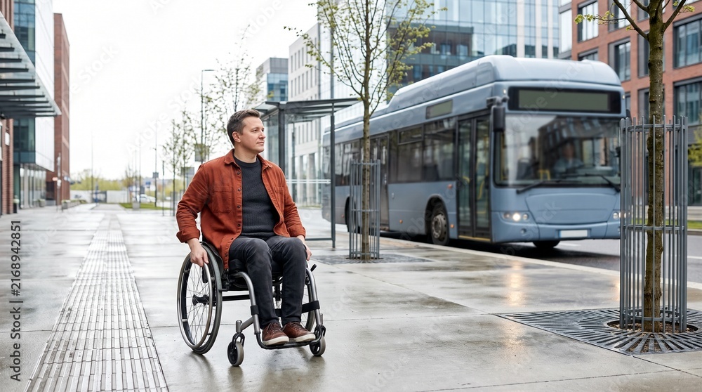 Obraz premium Wheelchair user waits as an accessible city bus arrives