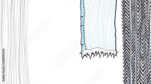 Textile swatches with abstract patterns hanging against a white background during a studio shoot