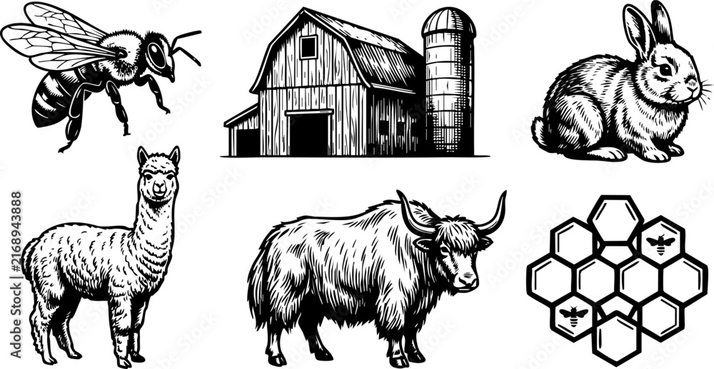 Naklejka premium Woodcut agriculture livestock bee rabbit alpaca and yak bundle