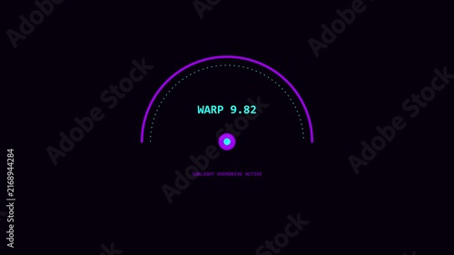 Sci-fi warp speed hud interface: futuristic digital gauge with sublight overdrive activation for space travel and gaming ui animation 4k