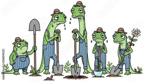 Group of cartoon lizard farmers wearing hat and overall with shovel on transparent background. Tired reptile gardener planting flower. Funny animal character agricultural worker concept.