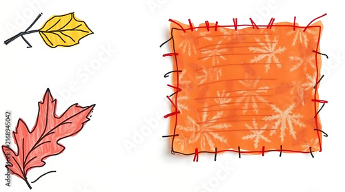 Hand Drawn Autumn Leaves and Patchwork with Seasonal Pattern on White Background