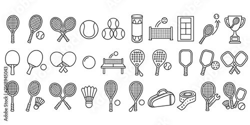 Racket Sports Line Icon Set with Tennis, Badminton and Table Tennis Equipment