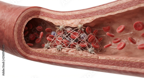 Bild auf Leinwand Arterial Thrombosis Showing Platelet Aggregation and Fibrin Blood Clot Formation