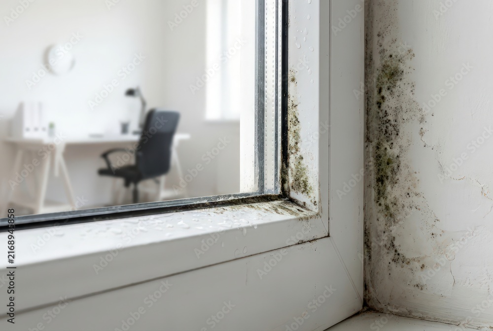 Obraz premium Black mold on window frame and damp wall in office interior room