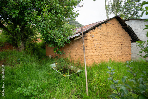 Back view of a traditional adobe country house with an apple tree and water basin in Hidalgo, Mexico.