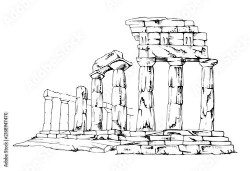 Classical columns of ancient Greek or Roman temple on stairs ruins, Mediterranean landscape. Hand drawn pencil artwork. Heritage conservation projects, cultural travel brochures, museum collections