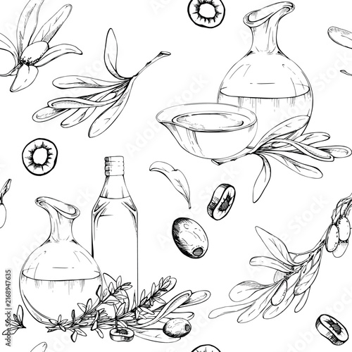 Seamless pattern of olive oil, vinegar, sauce dressing bottles, jugs and leafy tree twigs. Hand drawn pencil illustration. Food packaging, wrapping paper, kitchen textiles, Mediterranean branding.