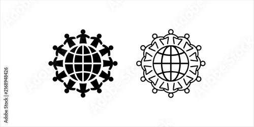 People holding hands around the world globe, global community unity and diversity icon, black and white vector illustration