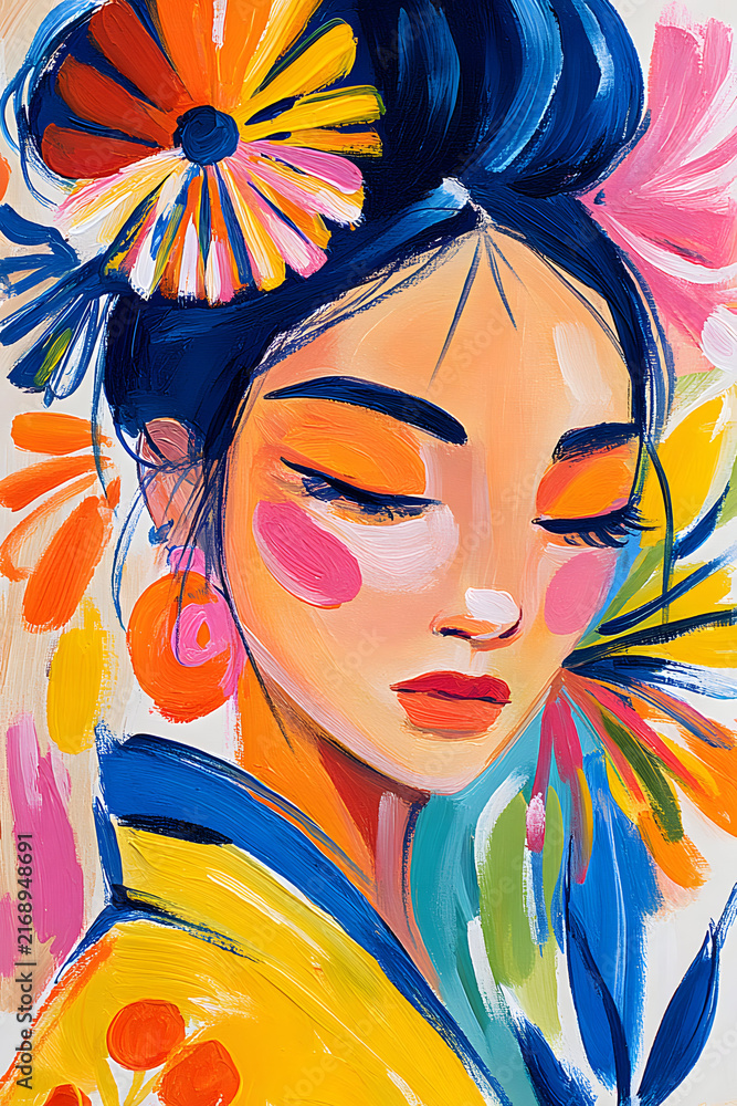 Fototapeta premium Vibrant Portrait of a Woman Amidst Floral Elements