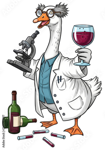 Cartoon goose scientist holding microscope and wine glass on transparent background. Funny avian researcher in lab coat character design for scientific education and humorous laboratory concept.