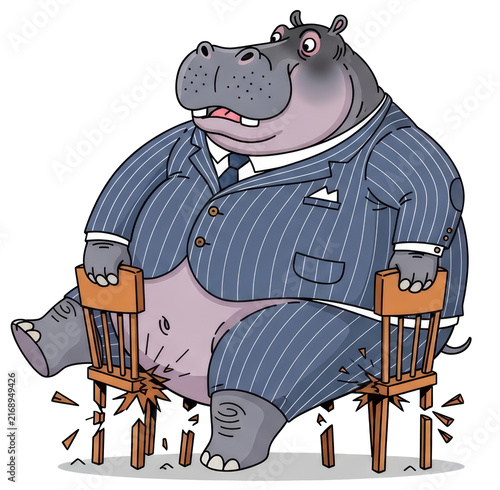 Hippo businessman in blue pinstripe suit sitting on chair on transparent background. Fat boss breaking furniture with weight. Funny animal character concept for humor and office life.