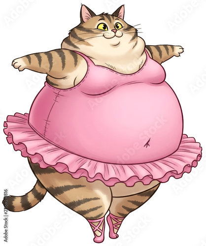 Fat cat ballerina wearing pink tutu and pointe shoe on transparent background. Funny cartoon overweight tabby animal character dancing ballet performance. Cute mascot for kids design.