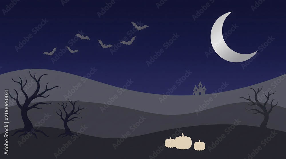 Fototapeta premium Crescent moon and silhouetted birds flying over a dark landscape