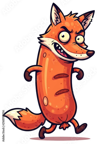 Funny cartoon fox sausage standing on transparent background. Cute aggressive hotdog character with tail and animal features. Creative vector illustration for kids food mascot design.