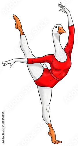 Goose ballerina dancing in red leotard on transparent background. Animal character performing ballet pose. Funny bird illustration for creative design, performance and art concept.