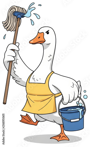 Cartoon goose cleaner standing on transparent background. Funny bird wearing yellow apron holding mop and bucket with water. Housekeeping and cleaning service mascot for home maintenance.