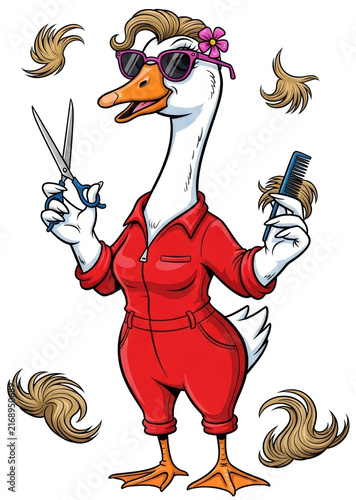 Funny goose hairdresser wearing sunglasses and red coverall holding scissors and comb on transparent background. Cartoon character engaged in professional grooming and hair styling service.