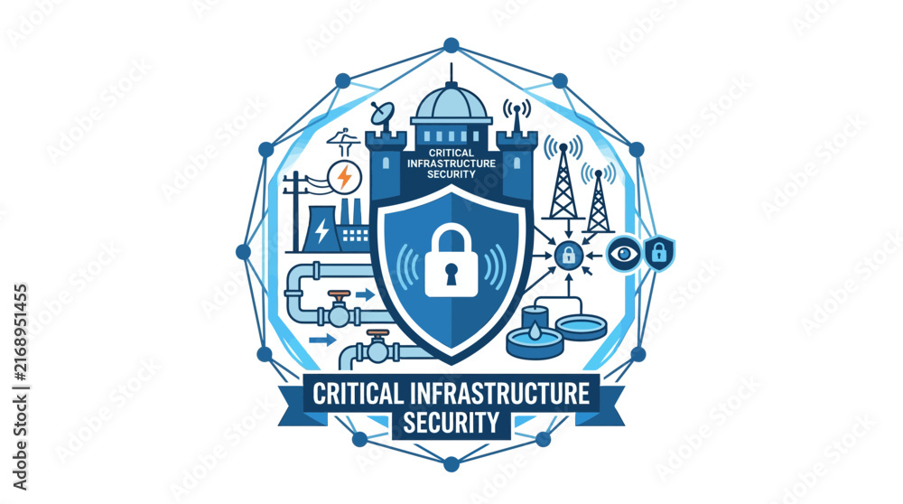Fototapeta premium Critical Infrastructure Security Shield with Lock Icon and Network