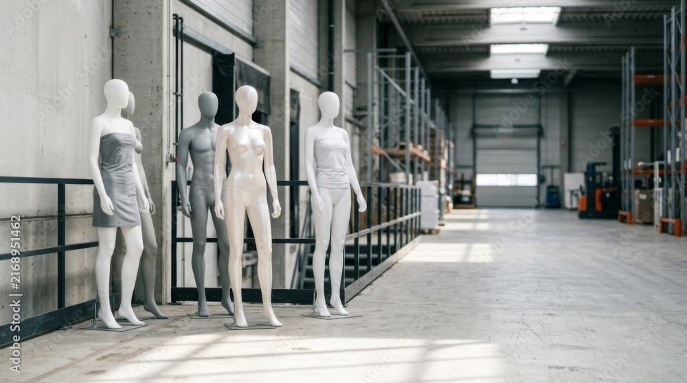 Fototapeta premium Mannequins in a bright, modern warehouse with sunlit floor and ample copy space for retail advertising