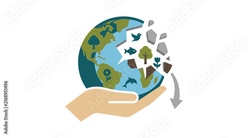 Foto Hand Holding Fragmenting Earth Globe with Nature Icons, Environmental Concept