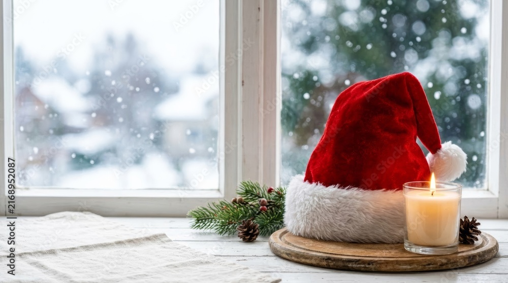Fototapeta premium Cozy Christmas window scene with Santa hat, lit candle, and snow falling outside, perfect for holiday marketing.