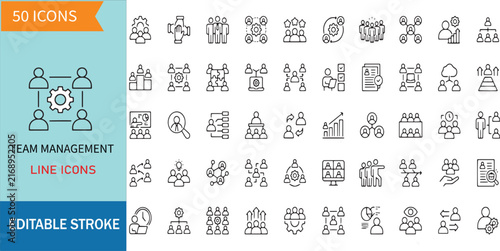 Team Management Line Icons Set Includes Business Leadership Teamwork Hierarchy Corporate Organization Strategy Staff Collaboration Control and HR Icons