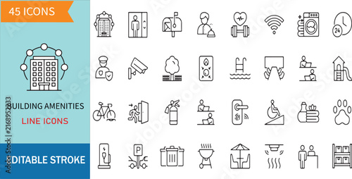 Building Amenities Line Icons Set Includes Real Estate Facility Security Elevator Parking Pool Gym Surveillance Door Bell Laundry Service Property Symbols