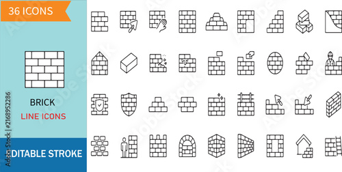 Brick Line Icons Set Includes Construction Masonry Wall Building Material Architecture Layer Cement Block Structure Repair Foundation and Engineering Symbols