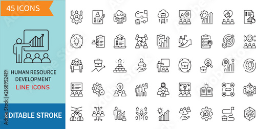 Human Resource Development Line Icons Set Includes Team Training Leadership Management Business Growth Career Seminar Skill Corporate Strategy Icons