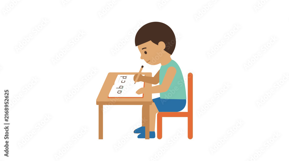 Fototapeta premium Boy learning to write letters at a desk, education, isolated
