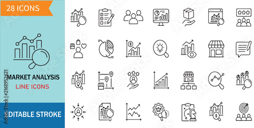 Market Analysis Line Icons Set Includes Data Chart Research Growth Target Strategy Finance Marketing Analytics Graph Report and Planning Symbols
