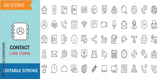 Contact Line Icons Set Includes Communication Phone Mail Address User Message Location Network Chat Envelope Signal and Interface Elements