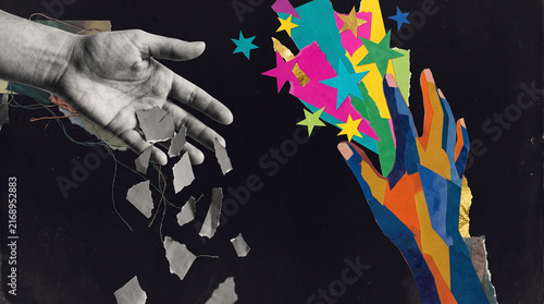 Grayscale hand releasing torn paper toward colorful layered hands and stars in a tactile mixed media collage