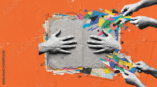 Mixed media collage with grayscale hands torn paper shapes and layered objects on orange background