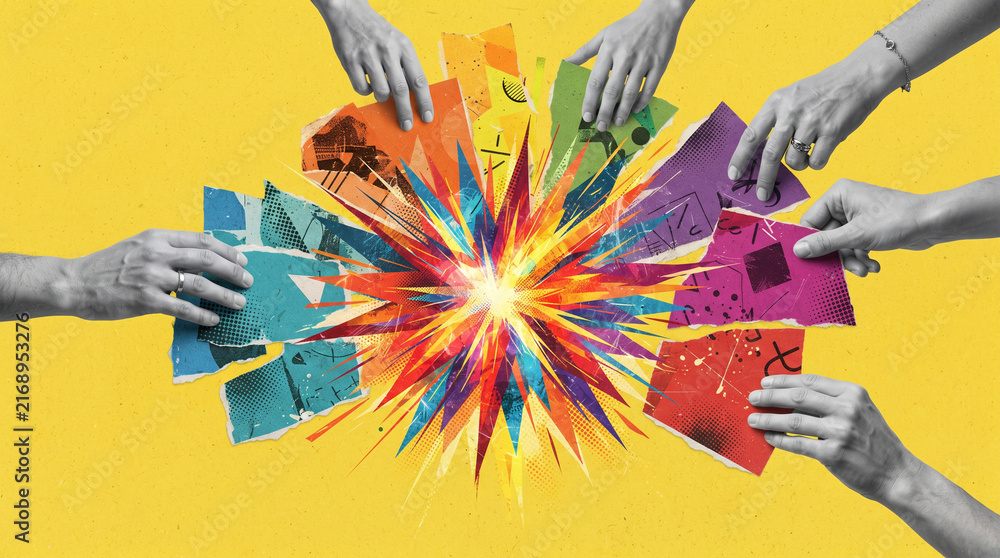 Naklejka premium Mixed media collage with grayscale hands arranging torn colorful paper around a vibrant central burst on yellow background