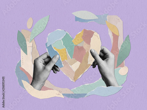 Mixed media collage with grayscale hands arranging torn paper shapes around a colorful abstract heart on lavender background