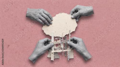 Mixed media collage with grayscale cutout hands tearing layered paper on a pink textured background