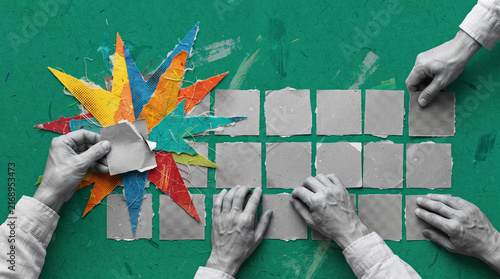 Mixed media collage with grayscale hands arranging torn paper cards and colorful layered shapes on textured green background